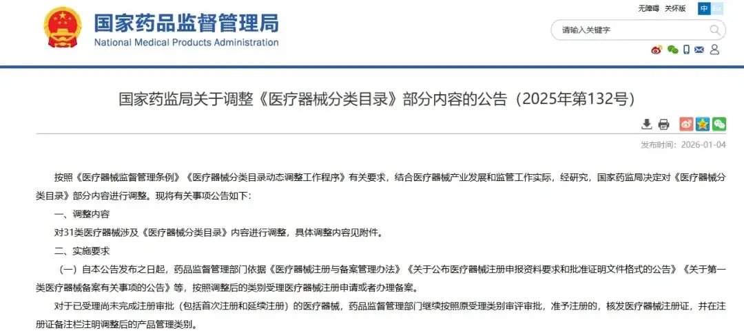 《醫(yī)療器械分類目錄》部分內(nèi)容調(diào)整 涉及31類產(chǎn)品